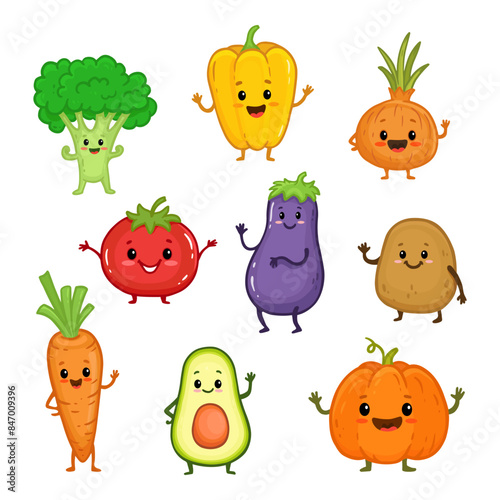 Collection of cartoon vegetable characters. Cute broccoli, potato, carrot, tomato, pepper, eggplant, onion, avocado, pumpkin for kids.  Food illustration. Vector