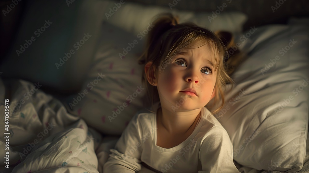 A little girl lying on her bed at night and unable to sleep A little girl lying on her bed at night and unable to sleep