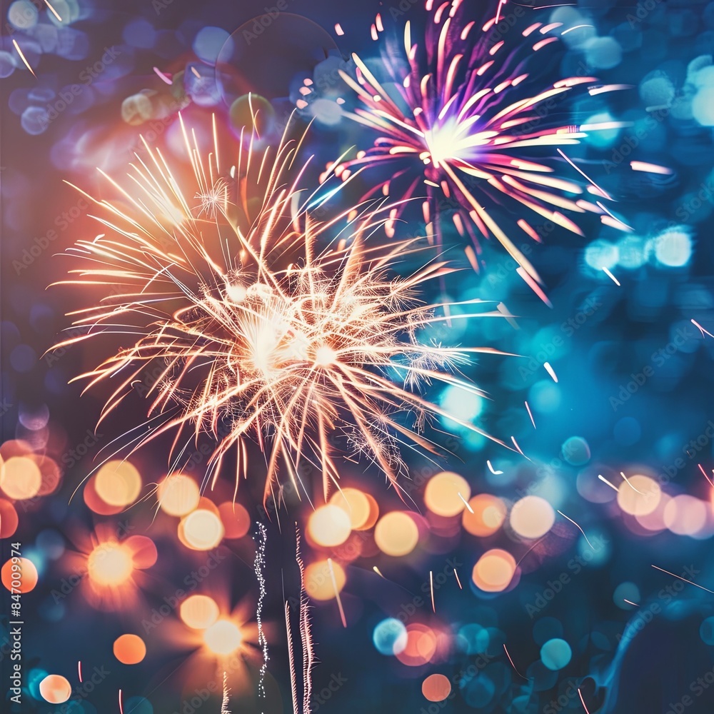 Obraz premium Explosive Red and Blue Fireworks Display Night Sky