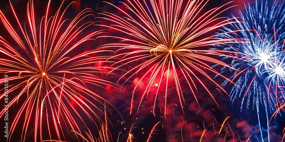 Explosive Red and Blue Fireworks Display Night Sky Explosive Red and Blue Fireworks Display Night Sky