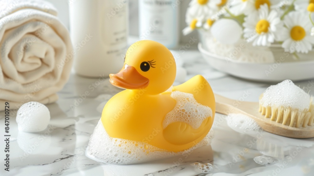 A yellow rubber duck is sitting in a bathtub filled with bubbles A yellow rubber duck is sitting in a bathtub filled with bubbles