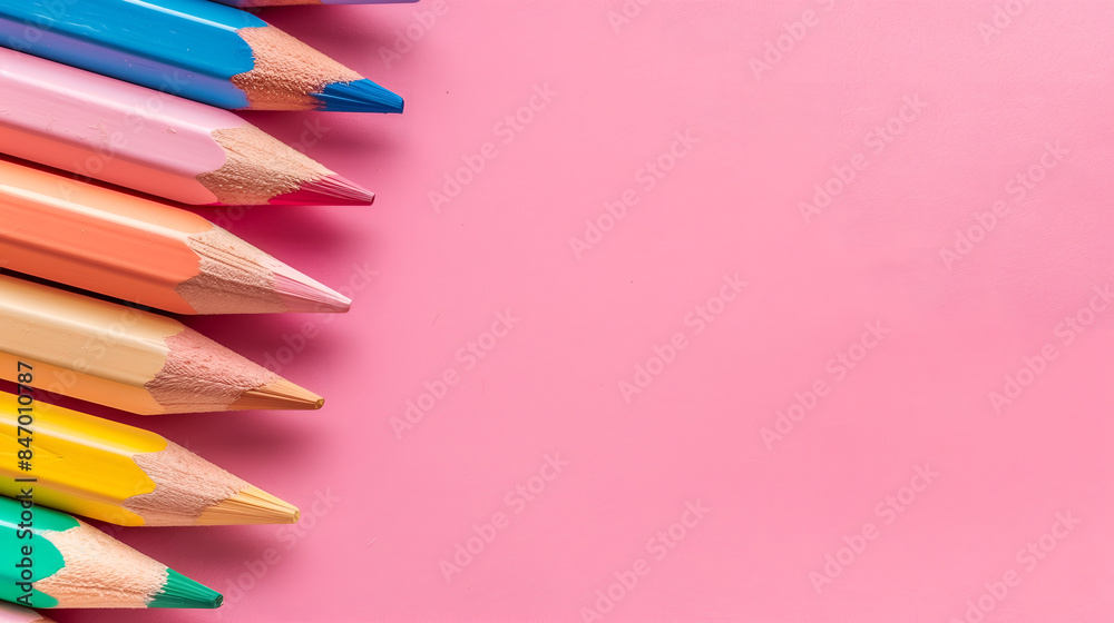 Colorful pencils in various hues against a pink background Colorful pencils in various hues against a pink background