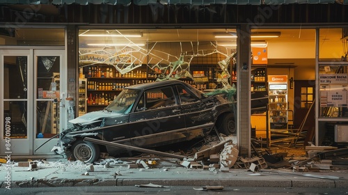 A car crashed into a storefront, causing significant damage to the building and shattering windows. Nighttime scene with lights on inside the store.