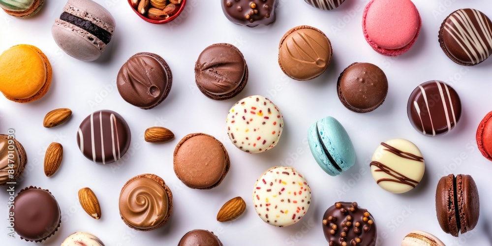 A variety of chocolates displayed on a clean white surface A variety of chocolates displayed on a clean white surface