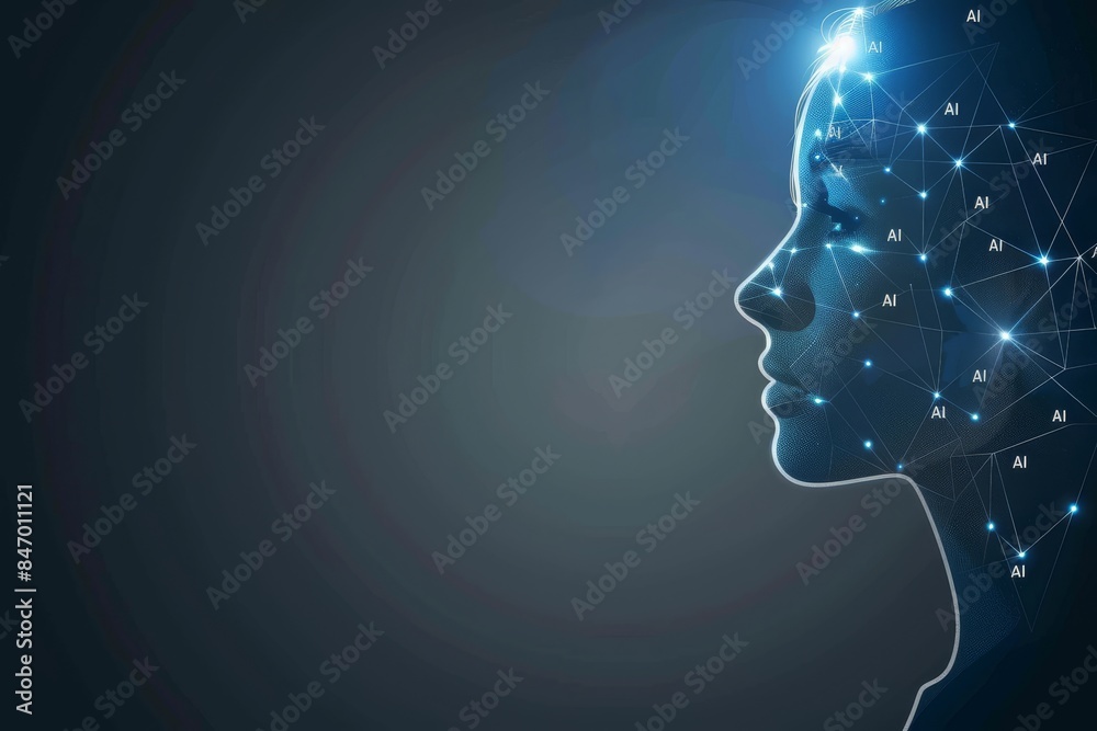 Obraz premium Futuristic human head with digital network and holographic interface representing artificial intelligence and connectivity digital art high detail dark background cyber theme