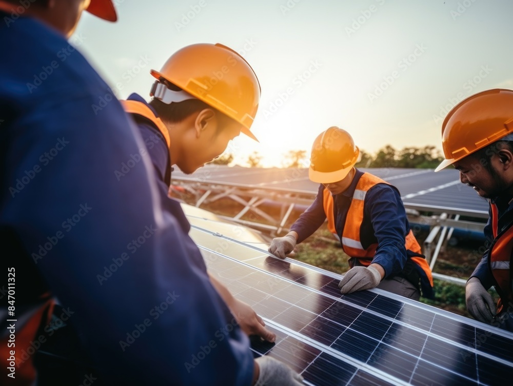 Men in hard hats installing solar panels Men in hard hats installing solar panels