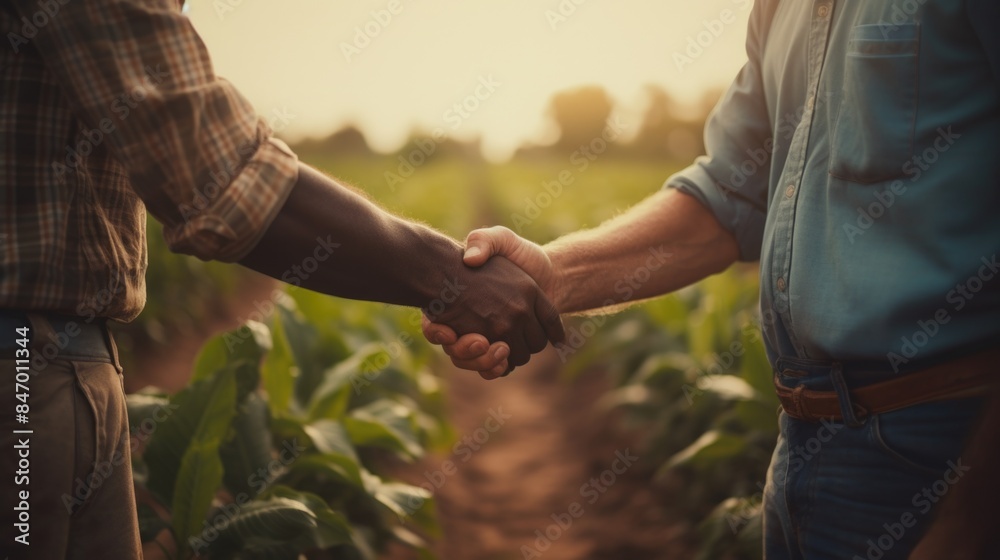 Two males standing together in a cornfield, shaking hands Two males standing together in a cornfield, shaking hands