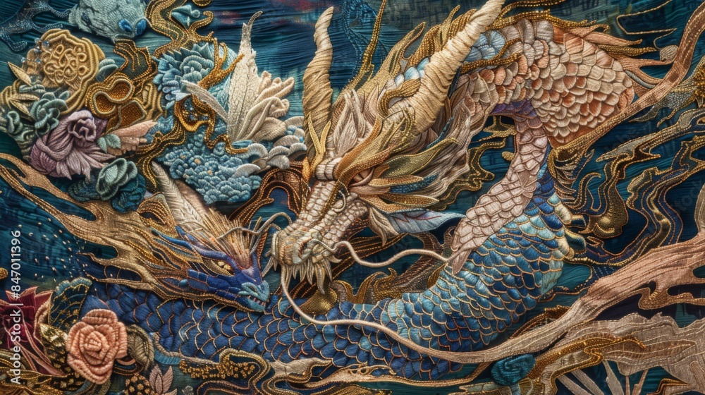 Obraz premium Intricate silk embroidery of two dragons in vibrant colors facing each other on a deep blue background