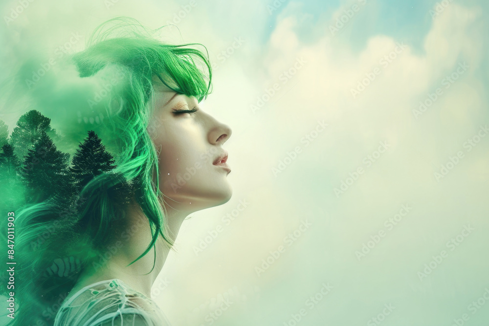 A woman with vibrant green hair surrounded by trees A woman with vibrant green hair surrounded by trees