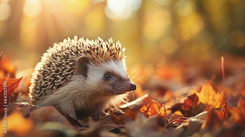 A hedge sitting on a pile of leaves, with a rustic and natural atmosphere