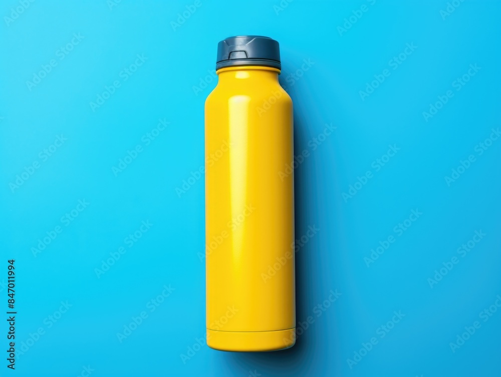 A yellow water bottle sitting on a bright blue background, perfect for use in illustrations or designs A yellow water bottle sitting on a bright blue background, perfect for use in illustrations or designs