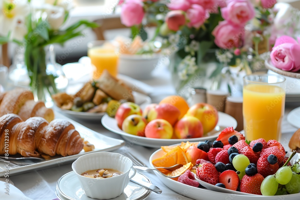 table with a bunch of plates of food and a bowl of fruit on it with a glass of orange juice table with a bunch of plates of food and a bowl of fruit on it with a glass of orange juice