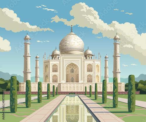 Taj Mahal is a palace in India. Mosque. Landmark, architecture, hindu temple in the Indian city of Agra, Uttar Pradesh. Vector illustration
