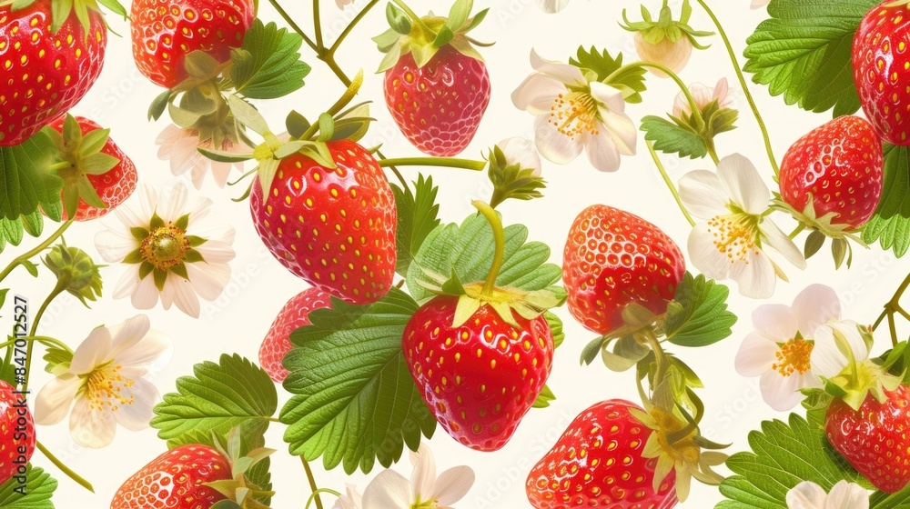 A bunch of fresh strawberries with green leaves and colorful flowers A bunch of fresh strawberries with green leaves and colorful flowers