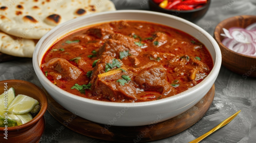 A meal preparation setup featuring a bowl of meat and vegetables alongside pita bread A meal preparation setup featuring a bowl of meat and vegetables alongside pita bread