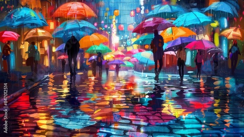 Urban street with people under colorful umbrellas in the rain at night, lit by city lights © Irina