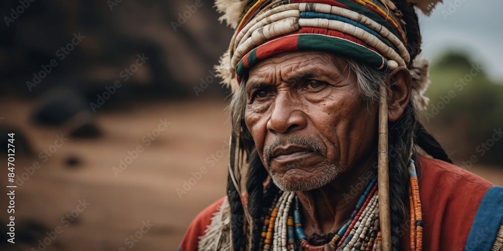 An elder tribesman with an intense gaze, wearing colorful traditional tribal attire and headdress An elder tribesman with an intense gaze, wearing colorful traditional tribal attire and headdress