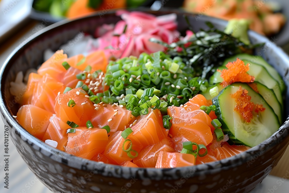 a bowl of salmon and cucumbers with a side of vegetables and sauces on a table top a bowl of salmon and cucumbers with a side of vegetables and sauces on a table top