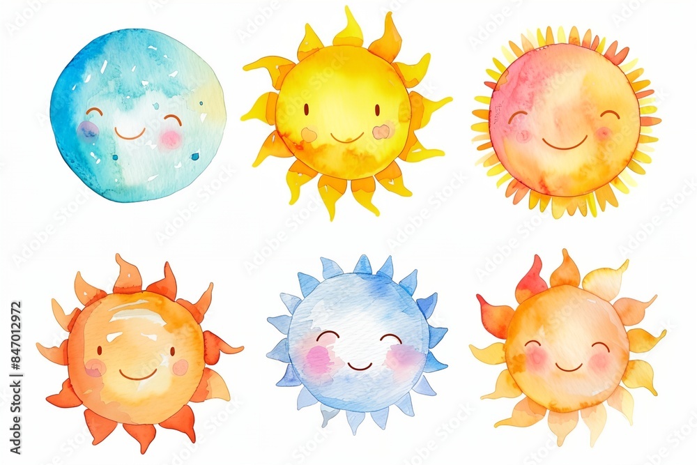 set of sun drawings with different colors and shapes on a white background set of sun drawings with different colors and shapes on a white background