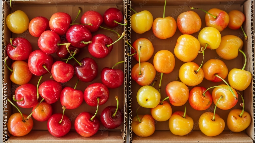 Top view of fresh red and yellow cherries in cardboard boxes, ready for sale. Vibrant summer fruit captured in bright light. Top view of fresh red and yellow cherries in cardboard boxes, ready for sale. Vibrant summer fruit captured in bright light.