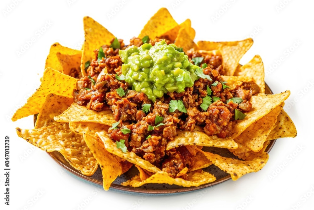 A plate of nachos topped with meat and guacamole, perfect for snacking or serving at a party A plate of nachos topped with meat and guacamole, perfect for snacking or serving at a party