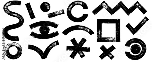 Collection of black charcoal graffiti various geometric shapes. Bold marker brush drawn curved doodle elements for templates and collages. Punk and grunge style