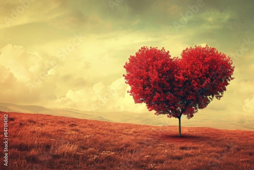 A heart-shaped tree in the middle of a green field, perfect for romantic or nature-themed illustrations © vefimov