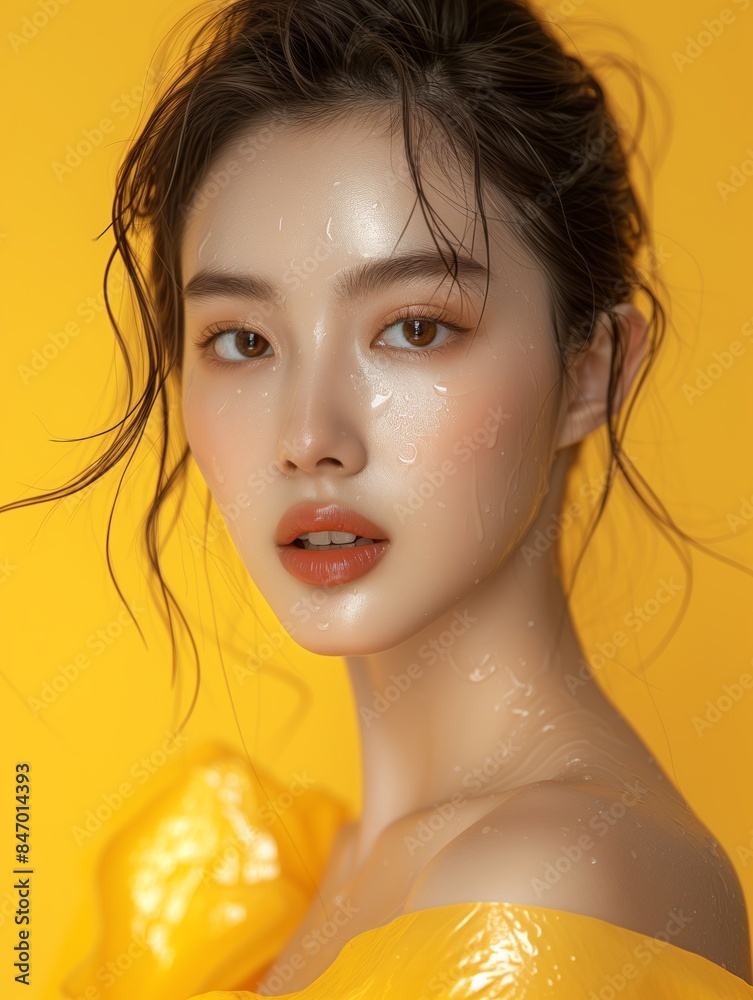 Beauty asian woman model showcasing moisturizing skincare, paper backdrop in studio, woman with a yellow background and a yellow outfit. She has a lot of makeup on her face