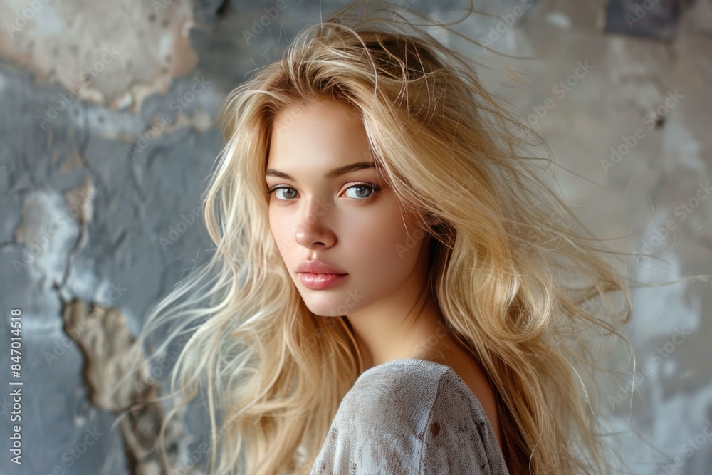 Portrait of a young woman with stunning blonde hair in a natural, windblown look Portrait of a young woman with stunning blonde hair in a natural, windblown look