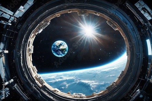 View from the eluminator window to planet earth from a spaceship. Futuristic space station corridor overlooking a vibrant alien planet. View from a porthole of space station on the Earth. photo