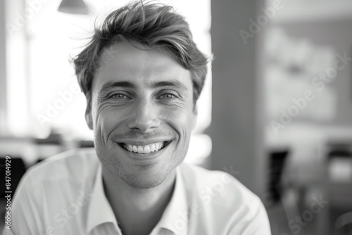 A portrait of a happy man smiling, suitable for use in personal or professional contexts where a positive expression is desired