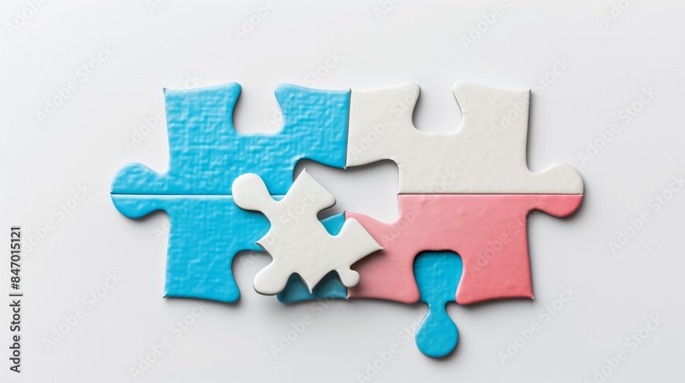 Four Colored Puzzle Pieces, In Blue, White, And Pink, Fitted Together Four Colored Puzzle Pieces, In Blue, White, And Pink, Fitted Together