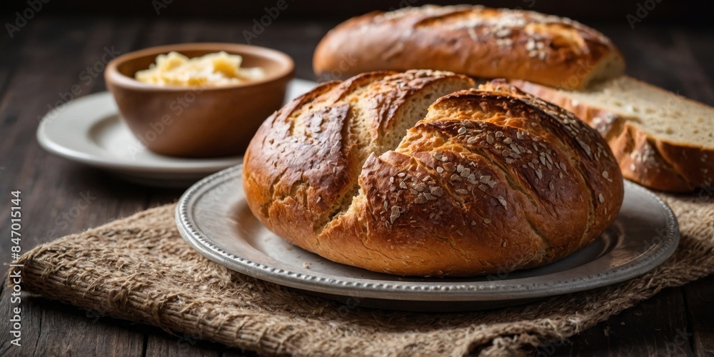 Freshly sliced artisan bread served on a rustic plate with a dish of butter, signifying homemade quality and hearty comfort food Freshly sliced artisan bread served on a rustic plate with a dish of butter, signifying homemade quality and hearty comfort food