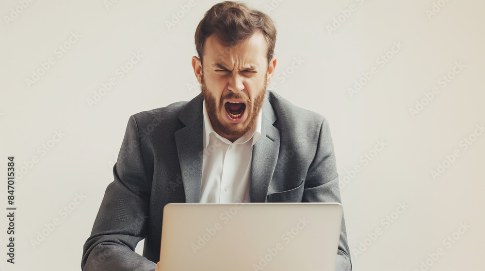 Angry Caucasian businessman in suit yelling at laptop. He appears frustrated and stressed Angry Caucasian businessman in suit yelling at laptop. He appears frustrated and stressed