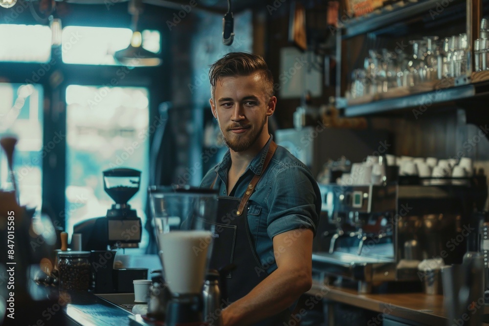 Young male barista with a charming smile stands behind the counter in a cozy cafe Young male barista with a charming smile stands behind the counter in a cozy cafe
