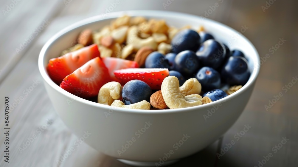 A colorful breakfast bowl filled with cereal, nuts, strawberries, and blueberries A colorful breakfast bowl filled with cereal, nuts, strawberries, and blueberries