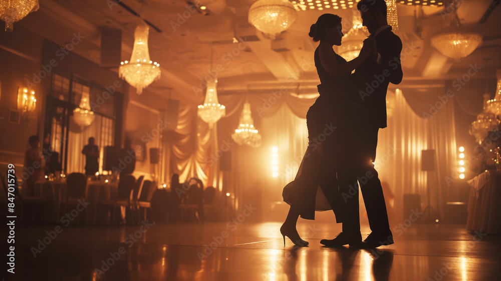 Silhouette of elegant couple dancing in grand ballroom with chandeliers ...