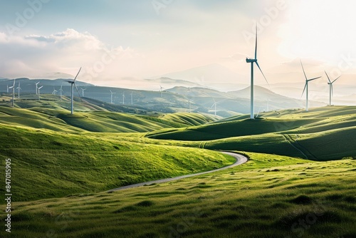 peaceful landscape of green hills and wind turbines bathed in the golden light of sunset, representing the synergy of nature and renewable energy.