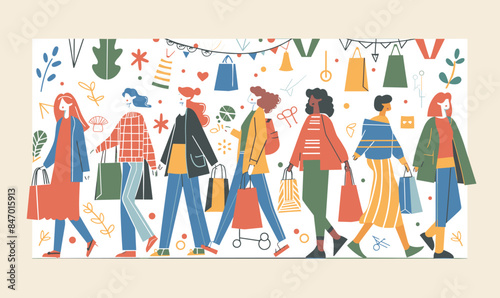 Diverse group women walking together carrying shopping bags amidst colorful backdrop embellished shopping sale icons. Women varying ethnicities shown illustration spree, woman stylish casual attire