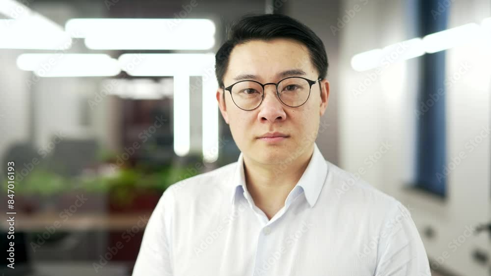 Portrait of a serious asian manager standing at workplace in business office. Confident mature man in glasses and shirt posing looking at camera indoor. Head shot of a owner businessman. Close up Portrait of a serious asian manager standing at workplace in business office. Confident mature man in glasses and shirt posing looking at camera indoor. Head shot of a owner businessman. Close up