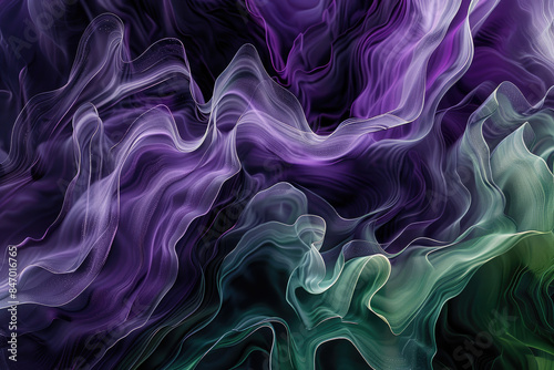A digital art piece featuring an abstract background with swirling patterns of dark purple and green. Created with Ai