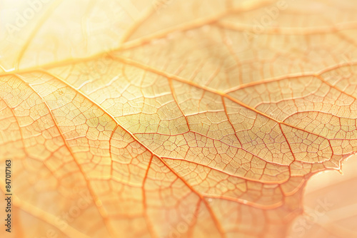 A closeup of the veins on an autumn leaf, rendered in a gradient from warm yellow to soft pink. Created with Ai