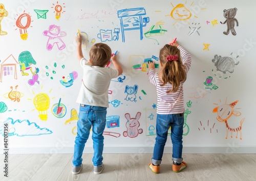 Two children drawing with colors on a white wall with various child drawings photo