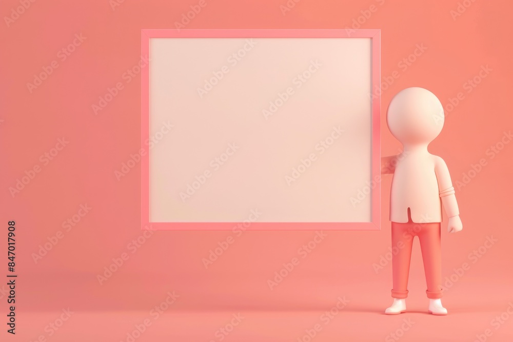 3D Flat Lay Cartoon Character Holding Blank Signboard on Pastel Pink Background - Design for Posters, Prints, and Advertising