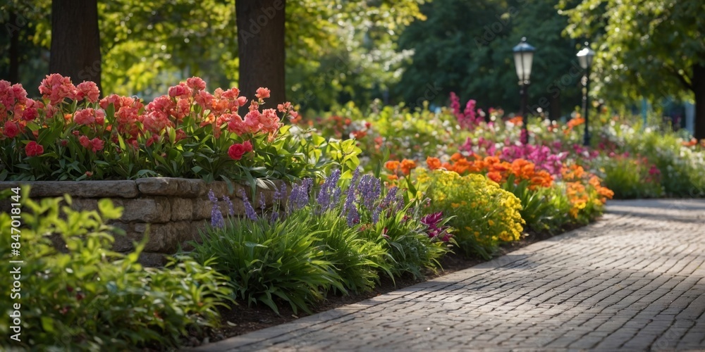 Naklejka premium A serene flower garden with a variety of colorful flowers along a stone path, evoking tranquility and natural beauty