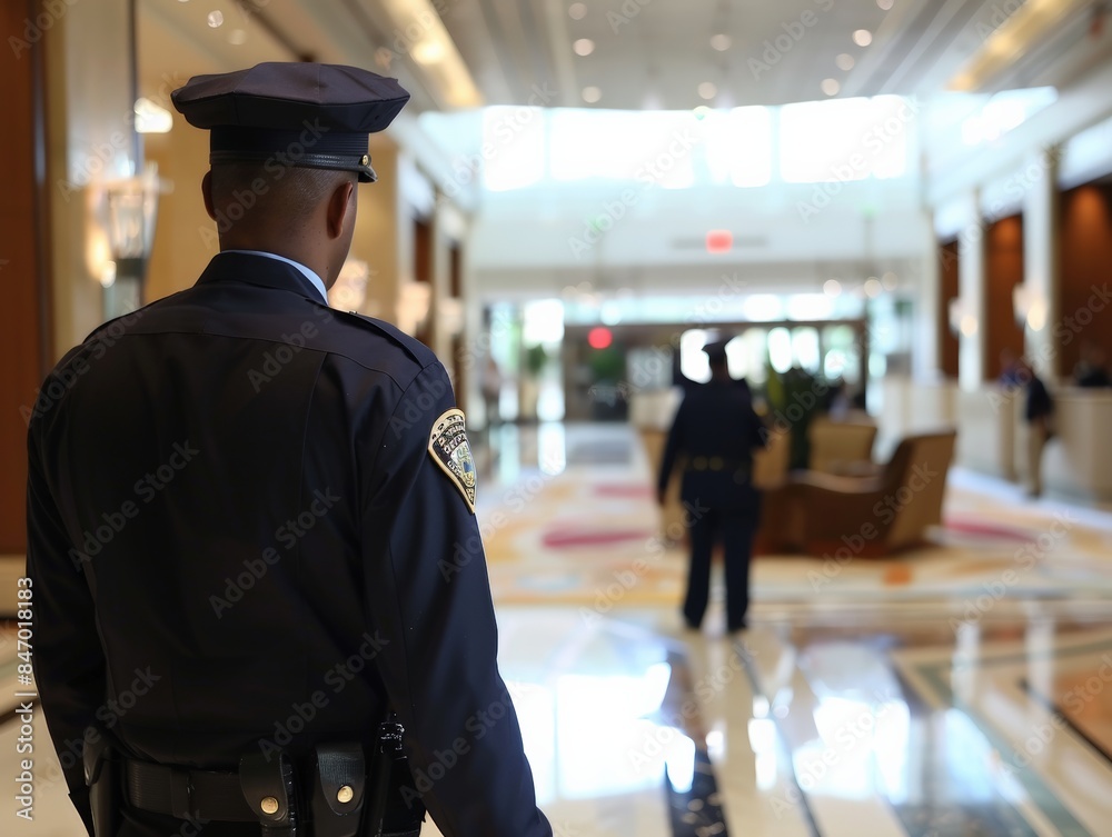 A Security Guard in a Hotel Lobby, Standing Tall and Ready to Protect Guests A Security Guard in a Hotel Lobby, Standing Tall and Ready to Protect Guests