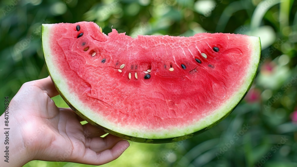 A hand holds a slice of watermelon with a bite taken out of it, against a blurred background of lush green foliage. A hand holds a slice of watermelon with a bite taken out of it, against a blurred background of lush green foliage.