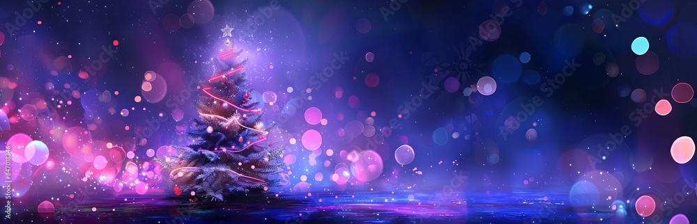 Christmas Tree with Star Topper and Bokeh Lights in Magical Winter Setting. Concept of holiday decoration, festive season, fantasy scenery. Banner. Copy space Christmas Tree with Star Topper and Bokeh Lights in Magical Winter Setting. Concept of holiday decoration, festive season, fantasy scenery. Banner. Copy space