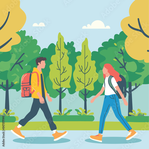 Young man woman walking park, casual clothing, diversity. Gender diversity outdoor activity, friends stroll relaxed environment. Man backpack, woman shoulder bag, serene nature, tranquil park scene