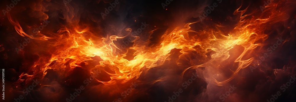 Fiery flame in a dynamic swirl on a dark background. Concept of fire, energy, heat, movement. Abstract wallpaper. Copy space. Banner Fiery flame in a dynamic swirl on a dark background. Concept of fire, energy, heat, movement. Abstract wallpaper. Copy space. Banner